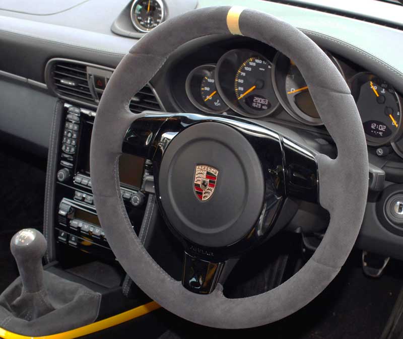 Porsche 911 987 997 turbo gt2 gt3 rs clubsports carrera 4 s targa s4 cabriolet alcantara suede charcoal grey sports steering wheel with top yellow marking on the top by designs ltd 
